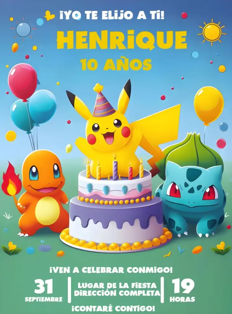 Invitación Pokemon Globos – tema Más buscados colorido, divertido, jovial, anime, temático, ilustrativo