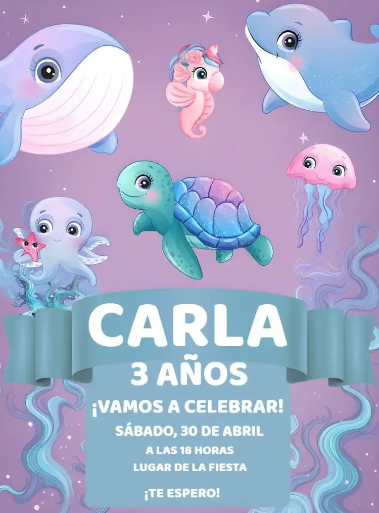Invitación Fondo Del Mar Infantil – tema Cumpleaños Infantil azul marino, colorido, divertido, delicado, infantil, tropical