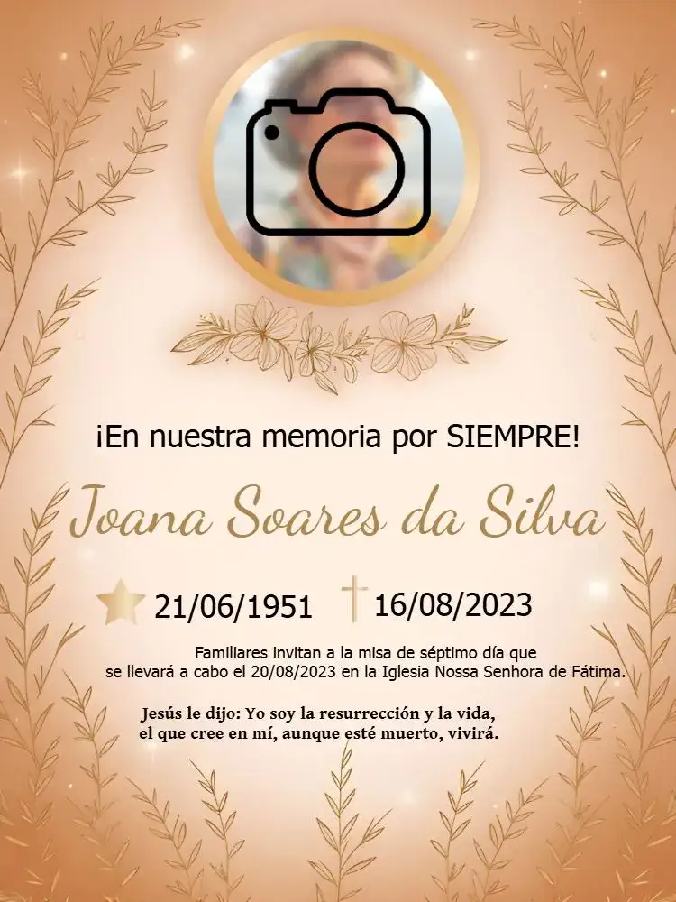 Invitación Misa De Séptimo Día Con Foto Fallecimiento – tema Fechas Conmemorativas dorado, blanco, minimalista, elegante, clásico