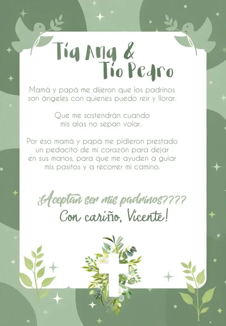 Invitación Padrinos De Bautizo Bautismo – tema Primera Comunión verde suave, ángel, católico, delicado, festivo, naturaleza