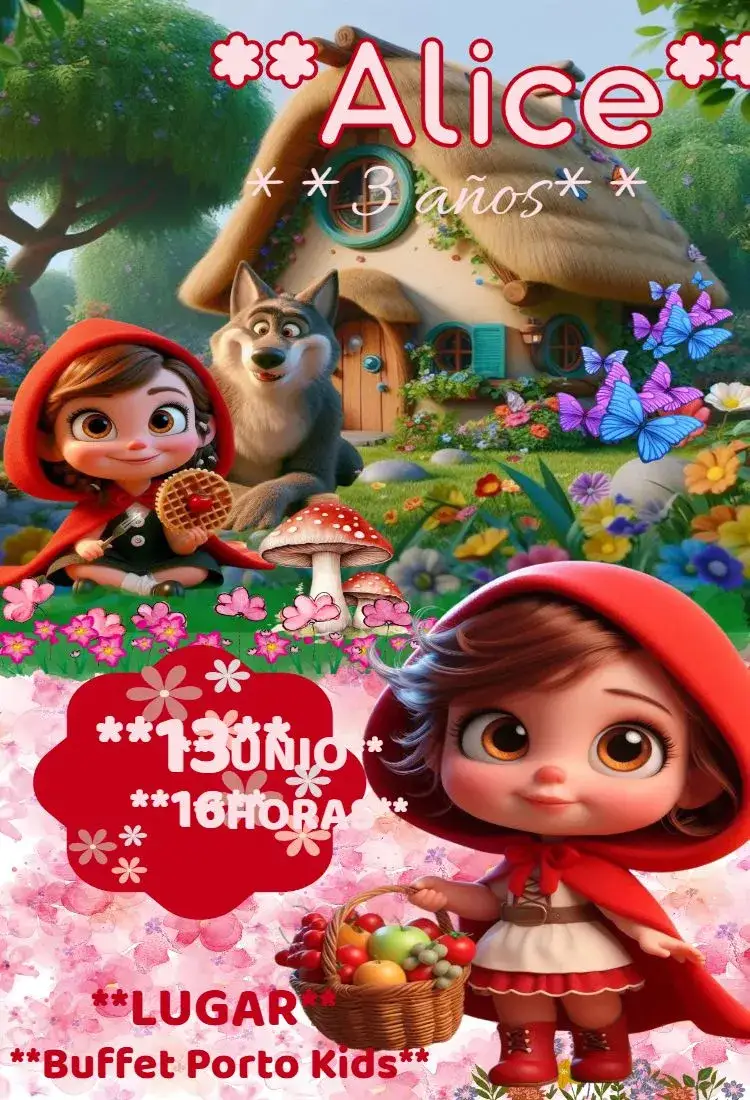 Invitación Invitación Digital Caperucita Roja – tema Cumpleaños Infantil floral, vibrante, lúdico, colorido, moderno