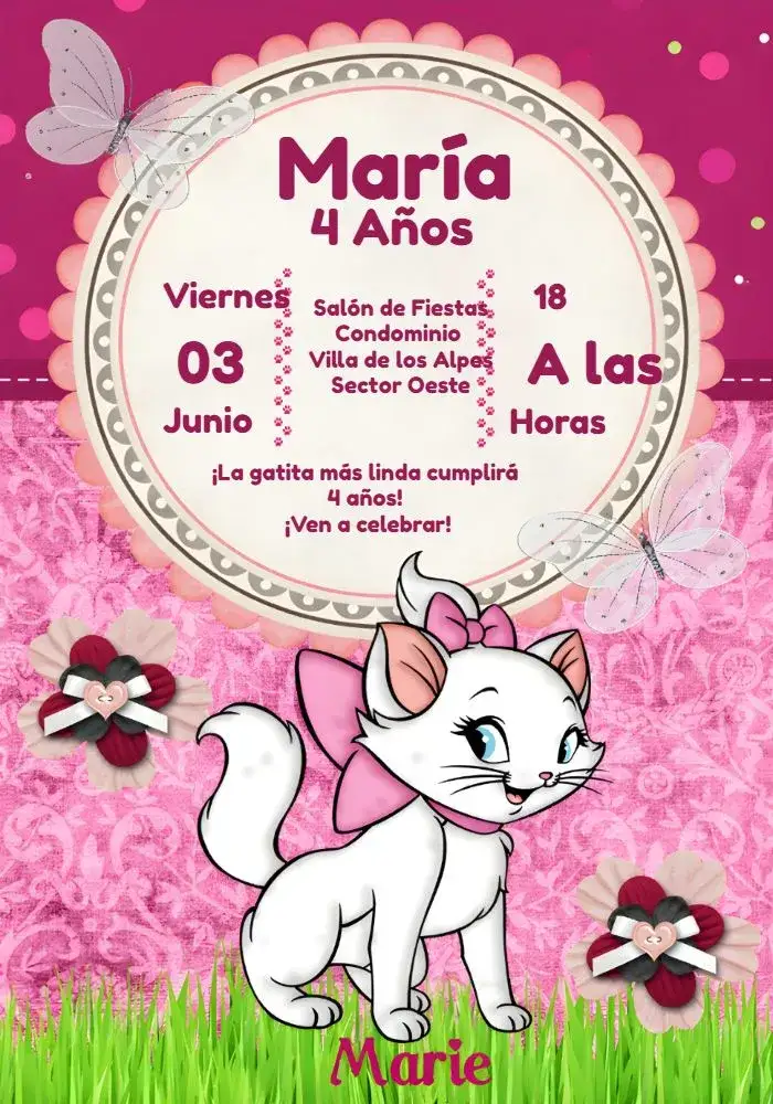 Invitación Gatita Marie Rosa – tema Más buscados rosa, rojo, floral, infantil, delicado, divertido