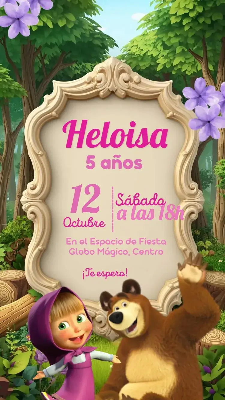 Invitación Masha y el oso – tema Cumpleaños Infantil colorido, floral, divertido, infantil, temático