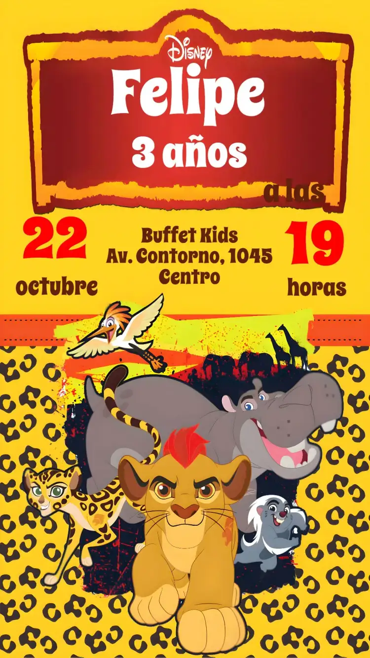 Invitación La Guardia del Rey León – tema Cumpleaños Infantil colorido, animal, sabana, temático, divertido
