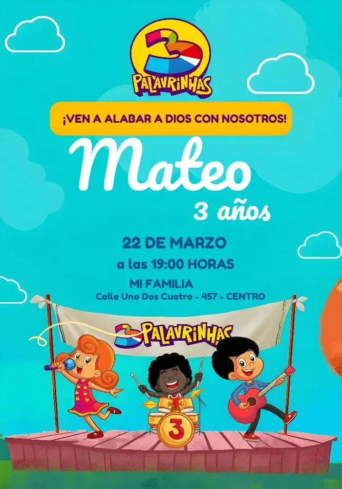 Invitación 3 Palabritas Iglesia – tema Más buscados colorido, lúdico, infantil, religioso, brincalhão