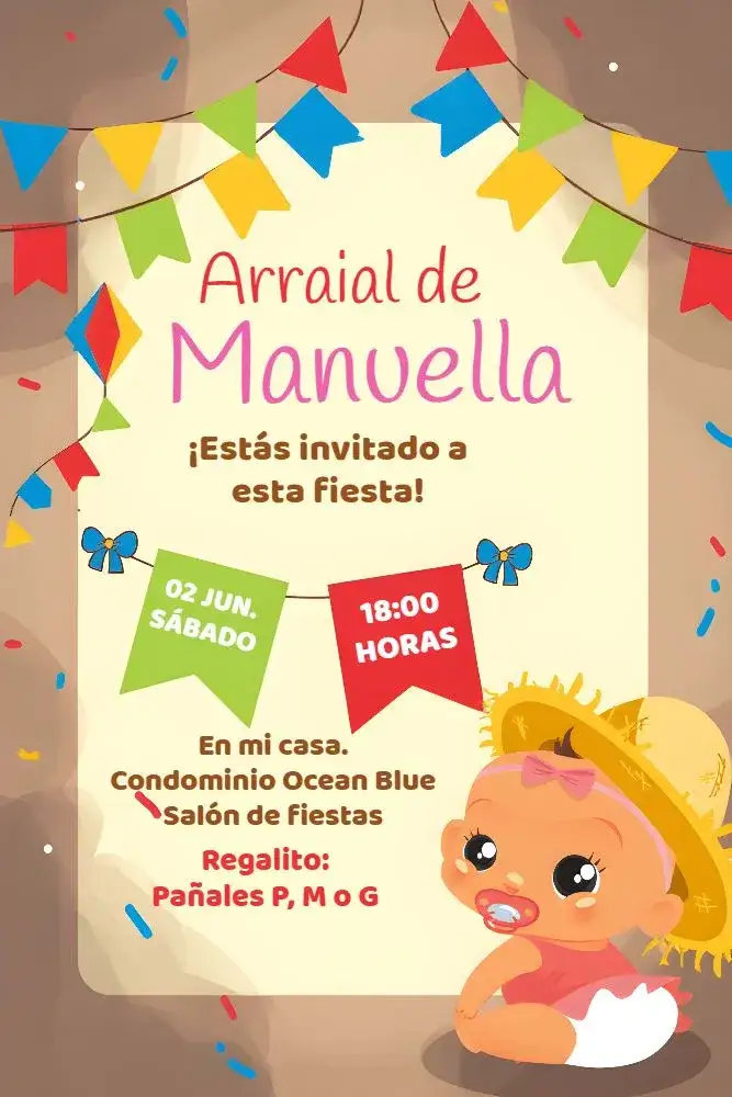 Invitación San Juan Arraiá Rosa – tema Fechas Conmemorativas colorido, festivo, tradicional, junino, vibrante, alegre