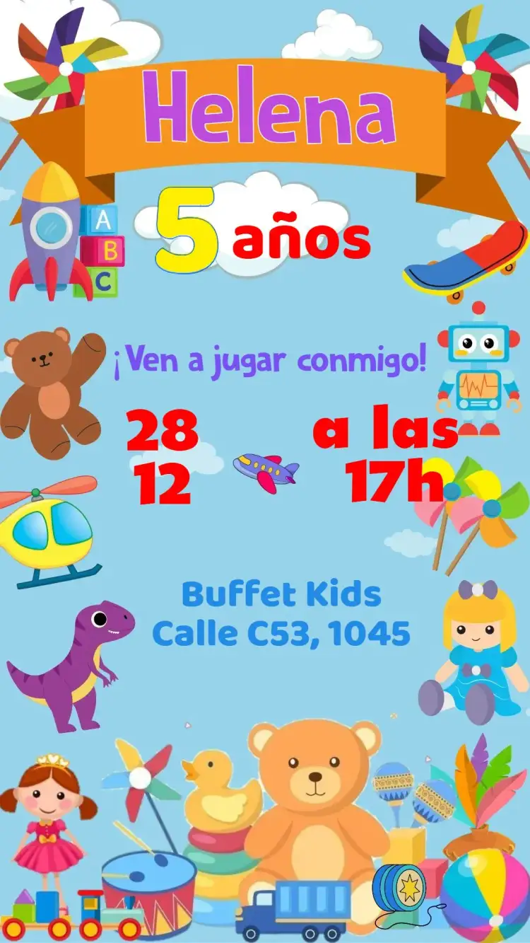 Invitación Juguetes – tema Cumpleaños Infantil colorido, divertido, lúdico, moderno, infantil, temático