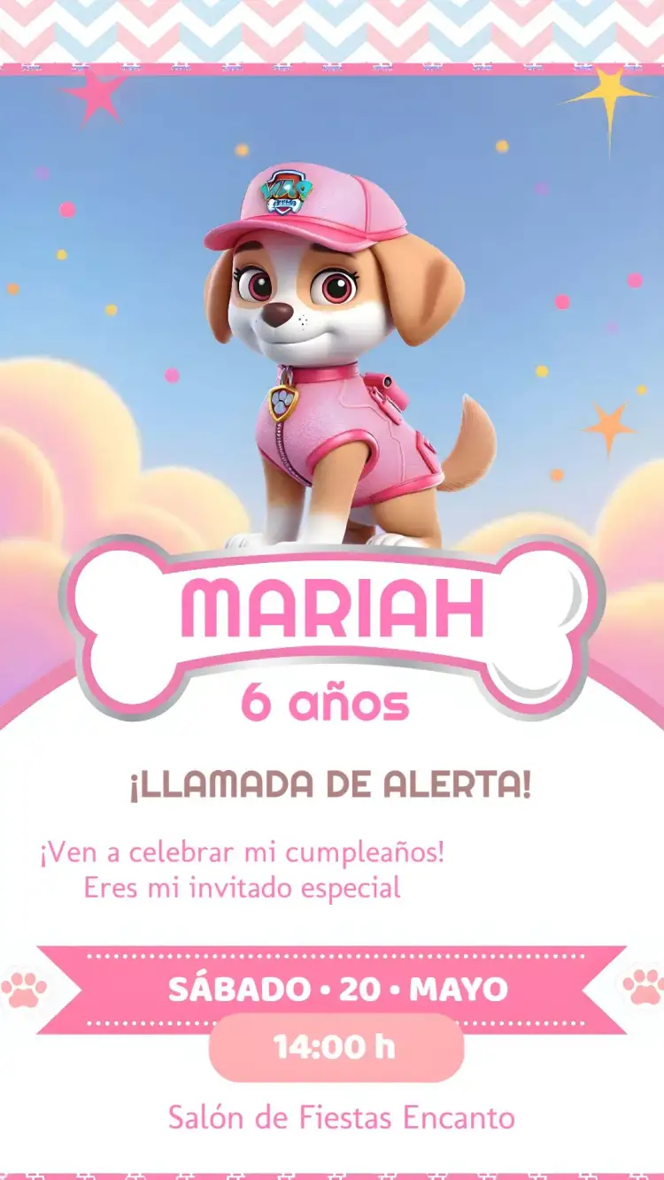 Invitación Skye Patrulla Canina Rosa – tema Cumpleaños Infantil rosa, divertido, temático, colorido, infantil, animado