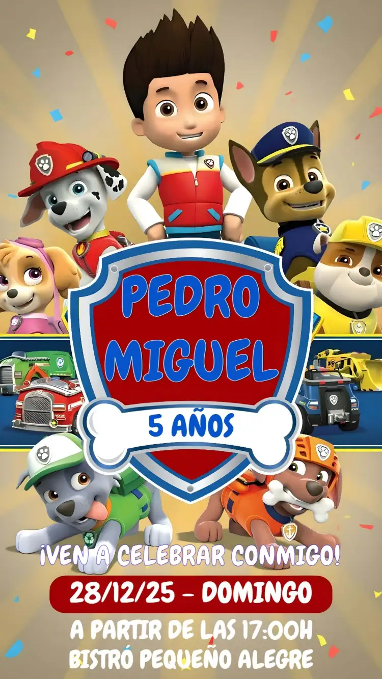 Invitación Patrulla Canina Infantil – tema Cumpleaños Infantil colorido, divertido, temática de animación, ilustraciones de perros, aventura