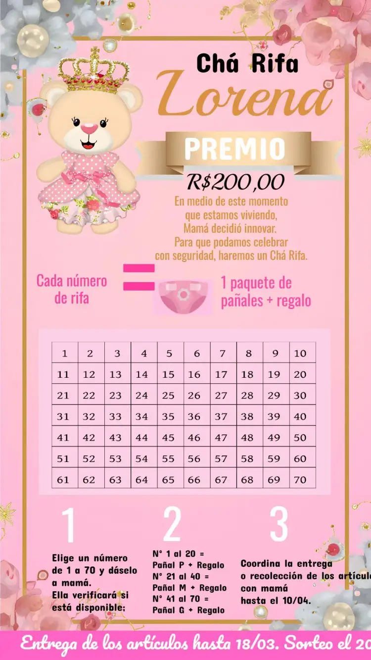 Invitación Té Rifa Osita Princesa 70 – tema Más buscados rosa, dorado, blanco, negro, infantil, princesa