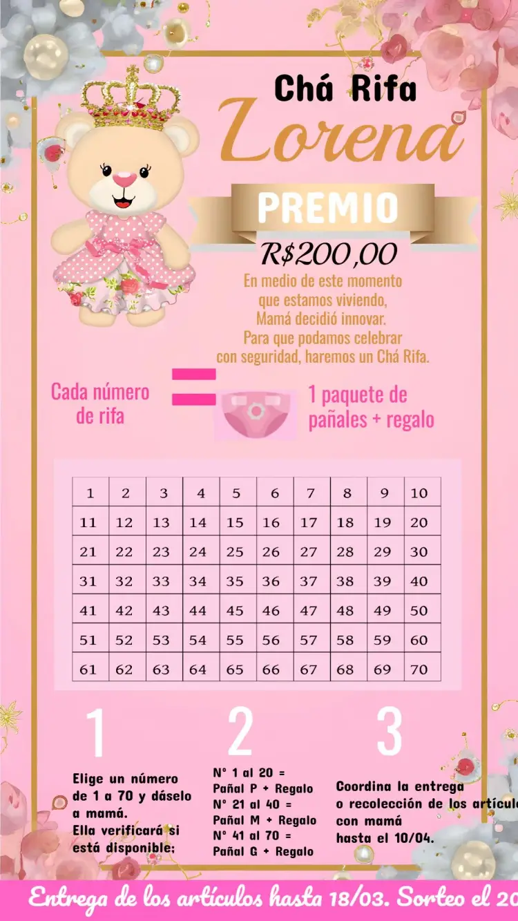 Invitación Té Rifa Osita Princesa 70
