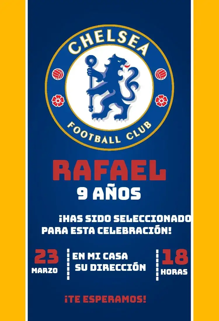 Invitación Chelsea 4 – tema Cumpleaños fútbol, moderno, vibrante, deportivo, colorido