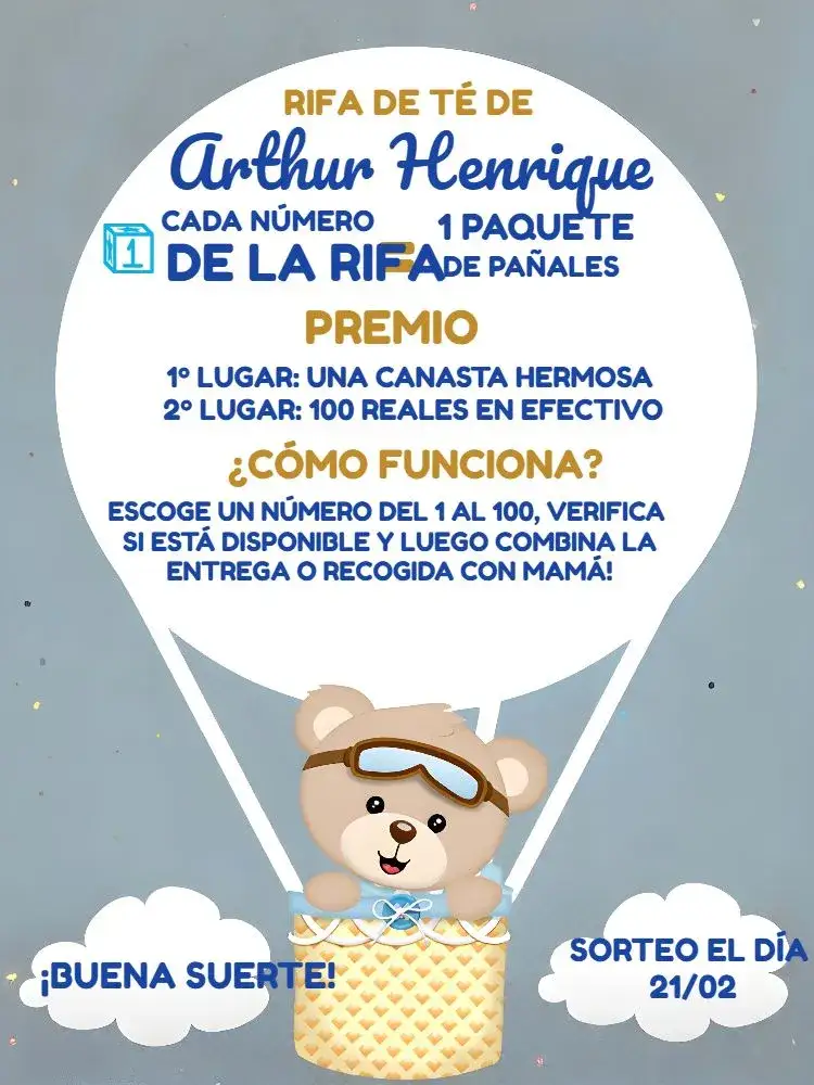Invitación Té Rifa Osito Globos Azul Oscuro – tema Té Rifa globos, osito, azul oscuro, marrón, divertido