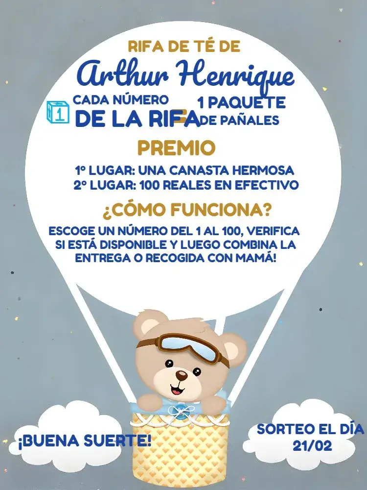 Invitación Té Rifa Osito Globos Azul Oscuro