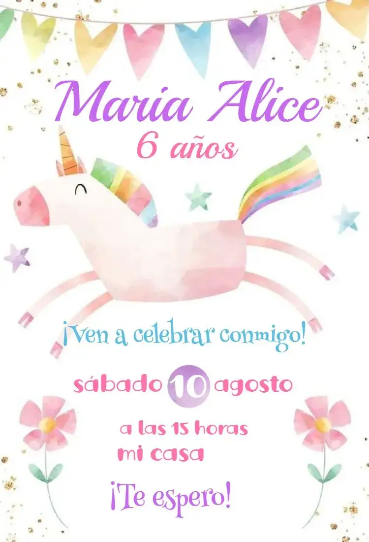 Invitación Unicornio Aquarela Digital Virtual – tema Cumpleaños Infantil acuarela, fantasía, colorido, lúdico, mágico