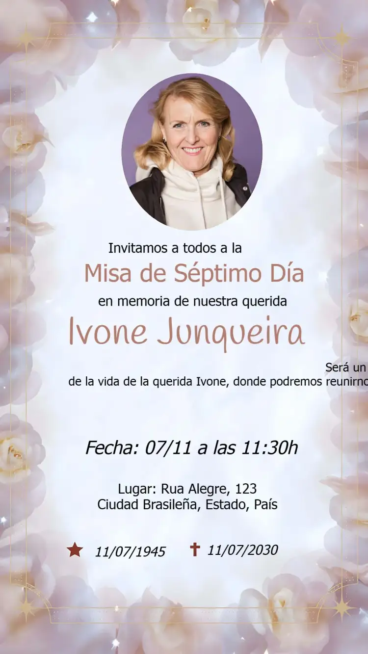 Invitación Misa De Séptimo Día Con Foto Duelo – tema Fechas Conmemorativas sobrio, elegante, minimalista, clásico, sereno