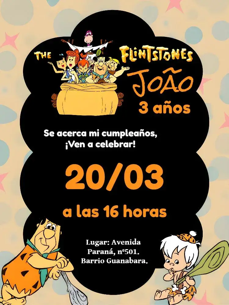 Invitación Flintstones Piedra – tema Cumpleaños Infantil temática de los Picapiedra, era prehistórica, dinosaurios, colores vibrantes, estilo lúdico, animación