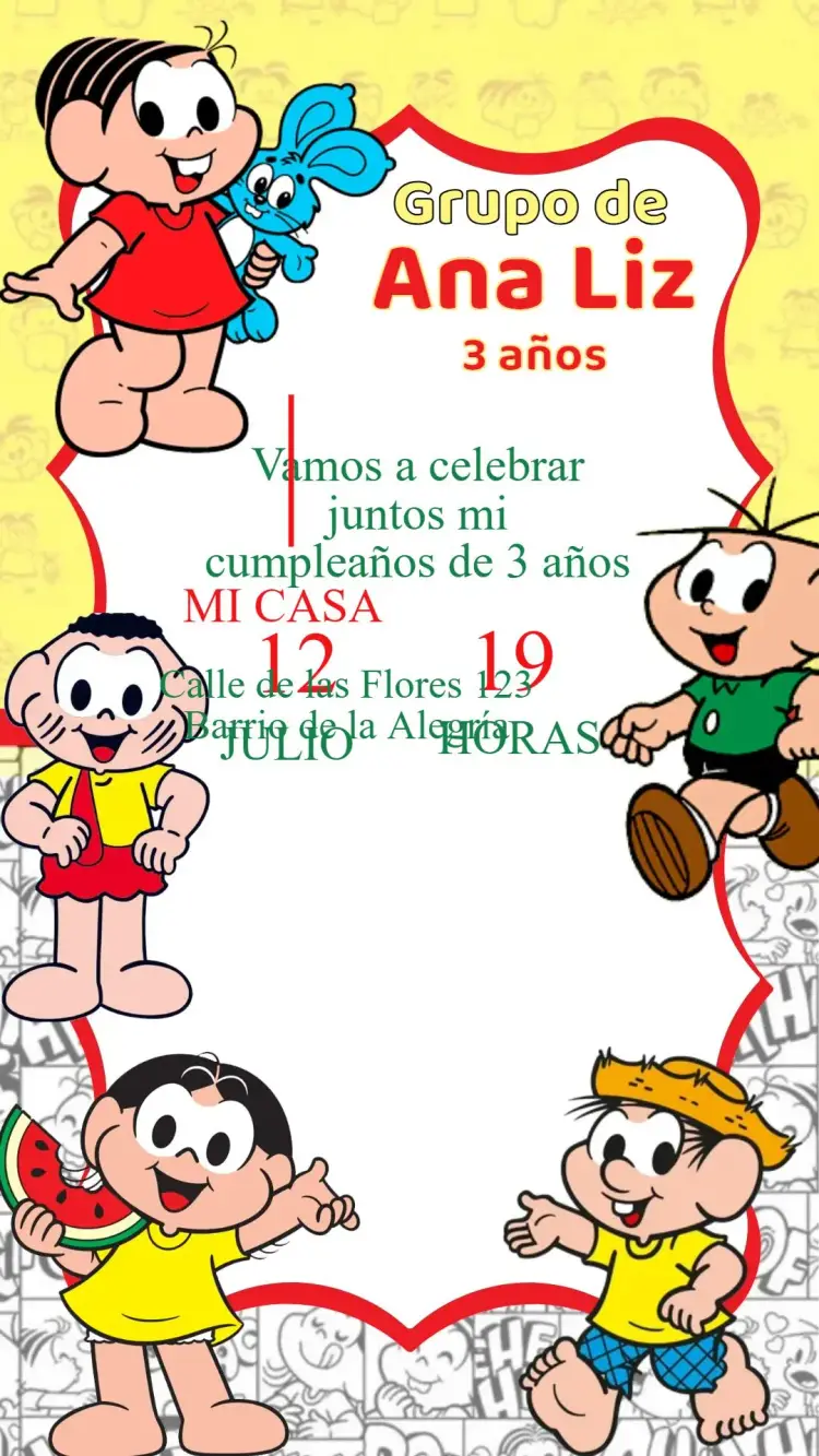 Invitación Invitación Cumpleaños Turma da Mônica editable y personalizable