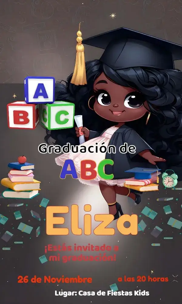 Invitación Graduación Abc Infantil - Niña Negra Amarillo – tema Graduación colorido, moderno, brincalhón, alegre, infantil, vibrante