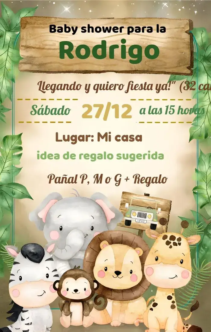 Invitación Baby Shower Safari Acuarela Madera – tema Baby Shower acuarela, safari, madera, floral, moderno, colorido