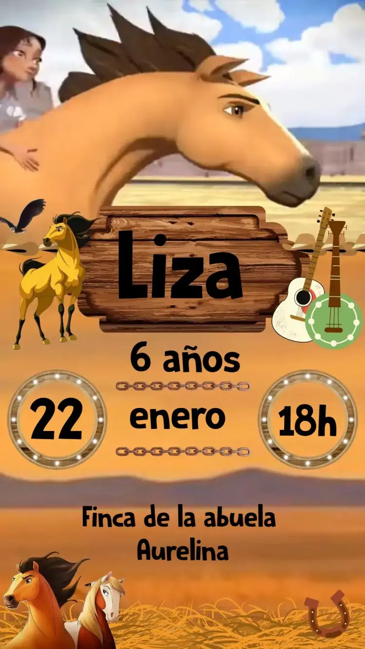 Invitación Caballo Spirit – tema Cumpleaños colorido, divertido, infantil, temático, vibrante