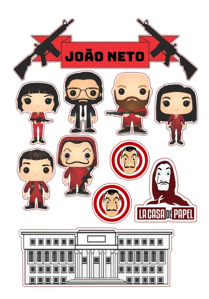 Invitación Topper de Pastel La Casa Papel Negro – tema Topper de torta moderno, elegante, temático, negro y rojo, divertido, fiesta