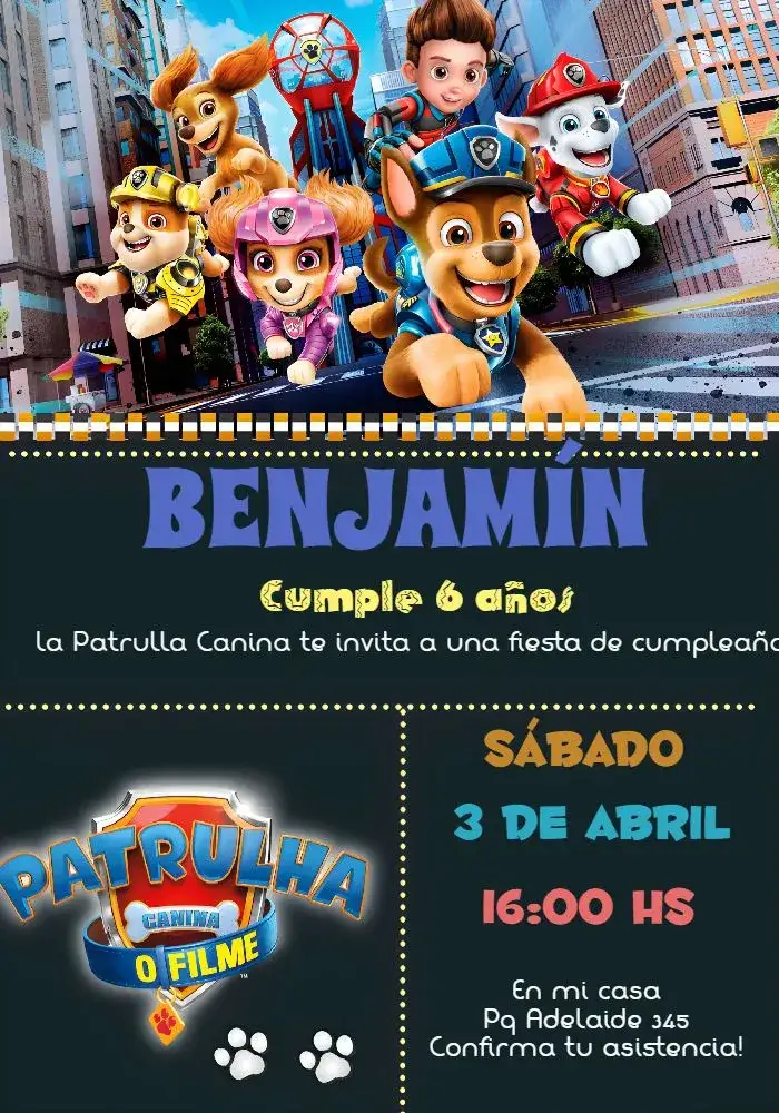 Invitación Patrulla Canina – tema Cumpleaños Infantil colores vibrantes, estilo de dibujos animados, elementos gráficos de aventura, diseño divertido, temática de animales