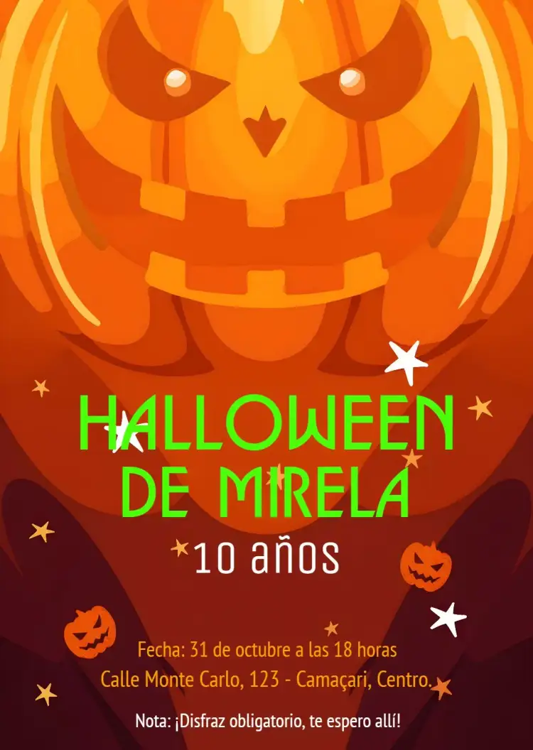 Invitación Día de Halloween – tema Fechas Conmemorativas colores naranja y negro, estilo divertido, elementos gráficos de Halloween, vintage, ilustraciones de brujas, calabazas estilizadas
