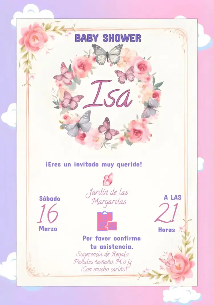 Invitación Invitación Baby Shower Mariposas – tema Baby Shower floral, infantil, colorido, moderno, delicado