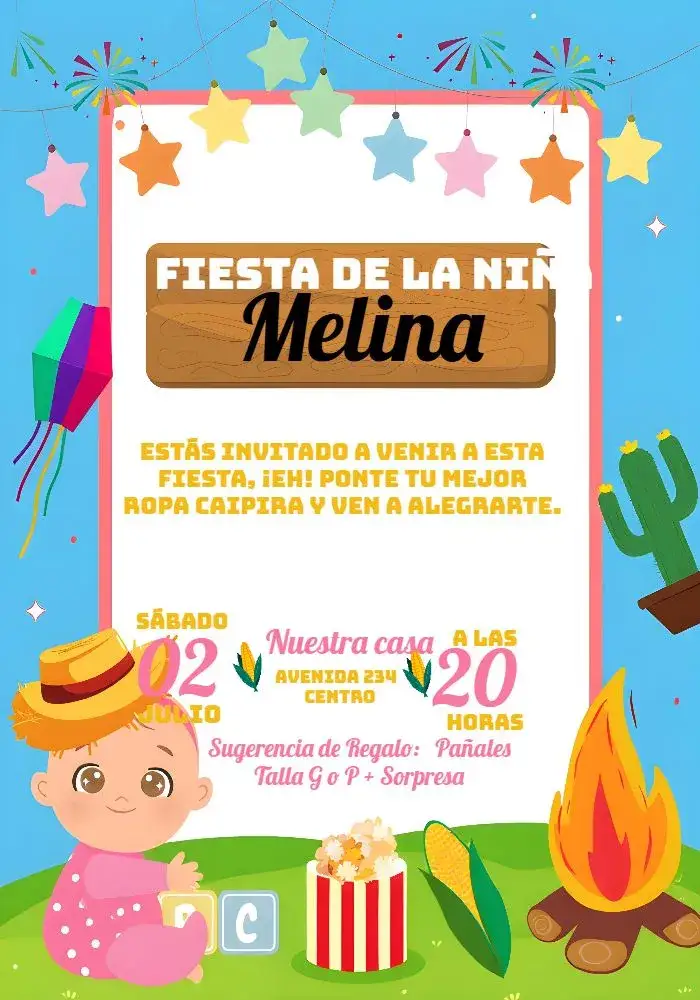 Invitación Charraiá Menina João – tema Fechas Conmemorativas junino, colorido, caipira, femenino, vibrante