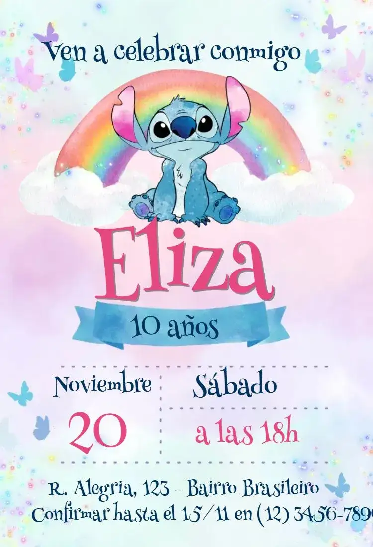 Invitación Stitch – tema Cumpleaños Infantil colorido, divertido, temático, de caricaturas, tropical