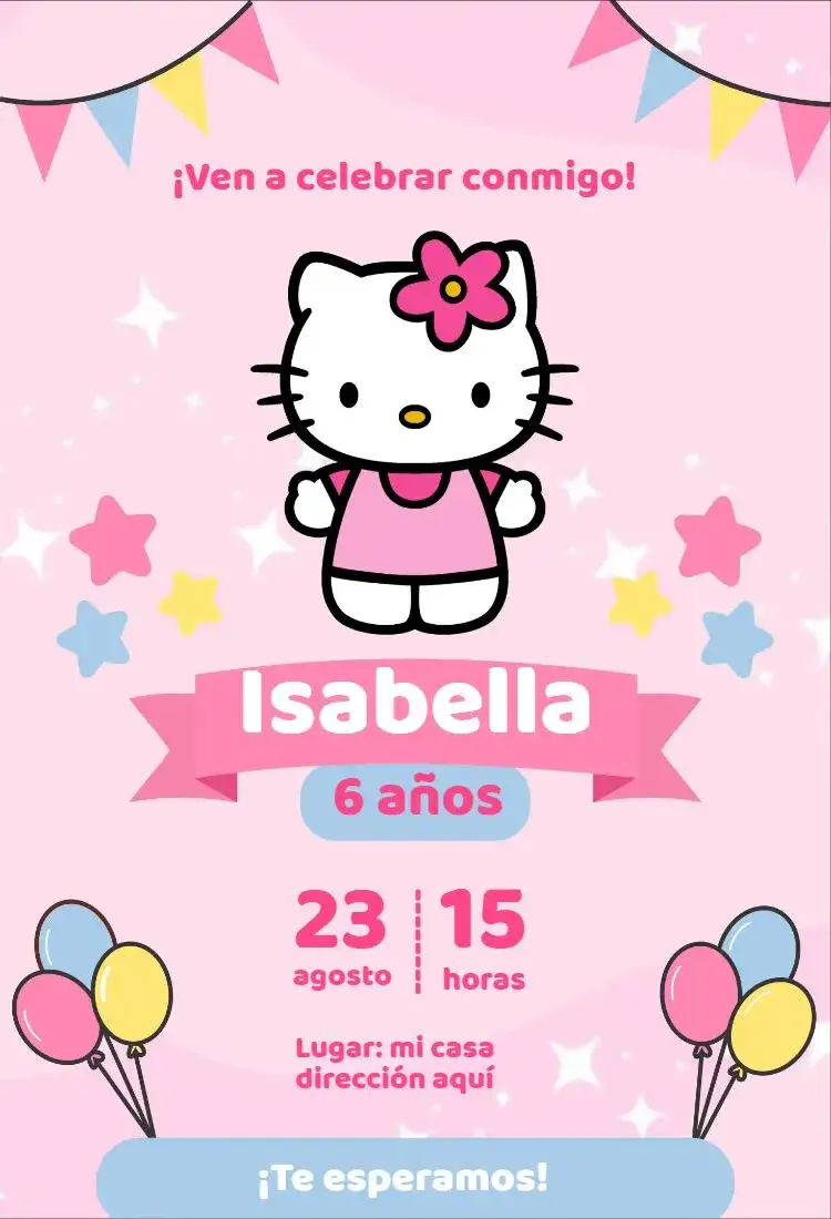 Invitación Hola Kitty 4 – tema Cumpleaños Infantil rosa, divertido, colorido, infantil, temático, lúdico