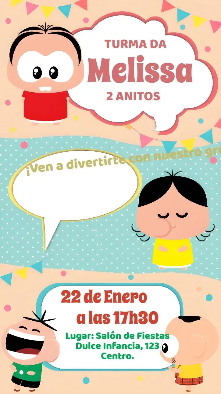 Invitación Turma Da Mónica Toy Baby – tema Cumpleaños Infantil colorido, divertido, infantil, ilustraciones de personajes, temática lúdica
