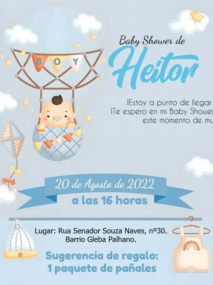 Invitación Baby Shower Osito Globos Azules – tema Baby Shower azul, blanco, marrón, globos, estrellas, nubes