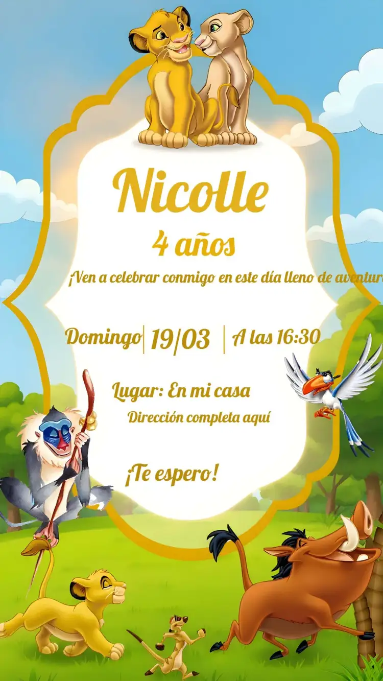 Invitación Rey León Pumba – tema Cumpleaños Infantil colorido, animales, aventura, sabana, tropical, divertido