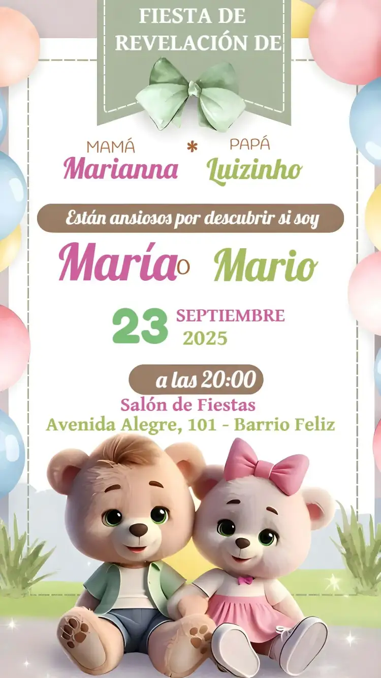 Invitación Baby Shower de Revelación Ositos Bebé – tema Revelación Bebé adorables, colorido, moderno, lúdico, suave, divertido