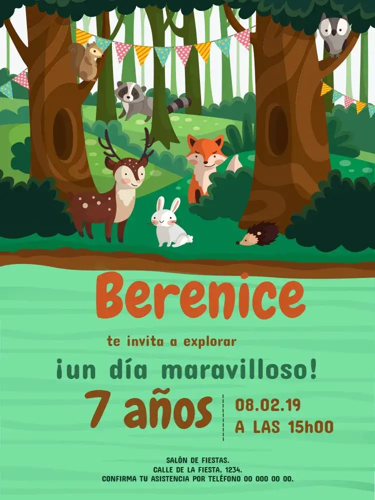 Invitación Bosque de Animales – tema Cumpleaños Infantil colorido, divertido, naturaleza, infantil, lúdico, animales