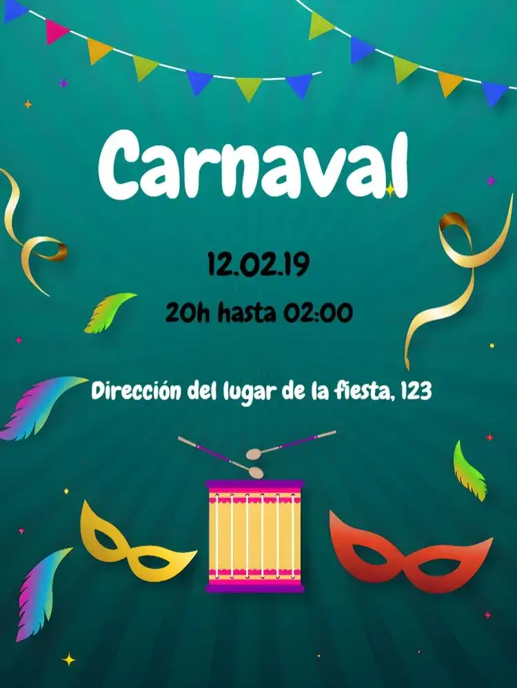 Invitación Baile de Carnaval – tema Fechas Conmemorativas púrpura, confeti, samba, máscaras, vibrante, festivo