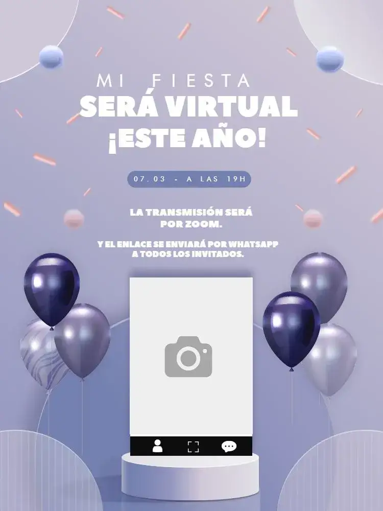 Invitación Fiesta De Globo Virtual – tema Cumpleaños Infantil púrpura vibrante, globos de colores, estilo lúdico, divertido, ilustraciones infantiles, diseño moderno