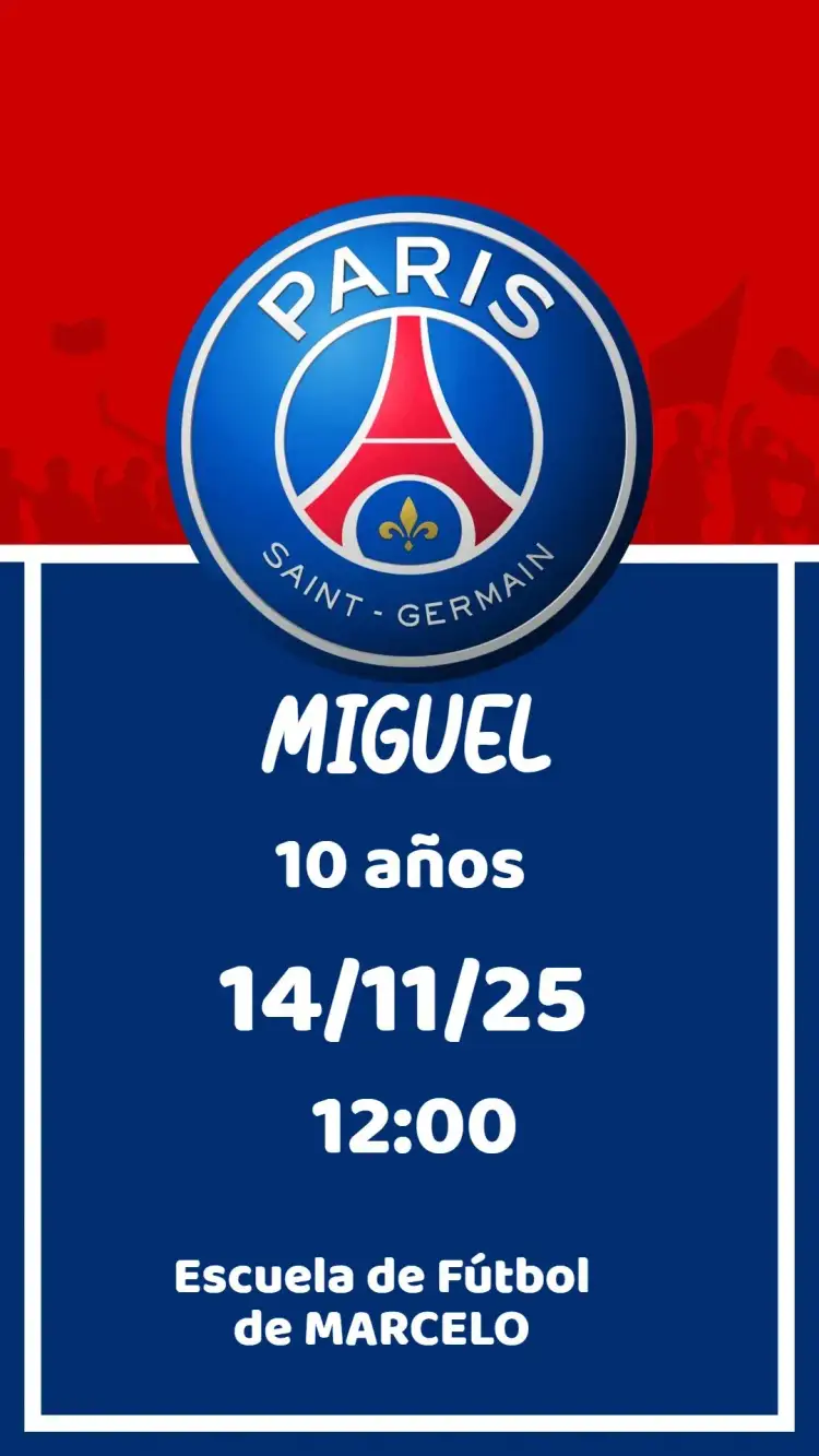 Invitación PSG – tema Cumpleaños deportivo, vibrante, moderno, colorido, divertido