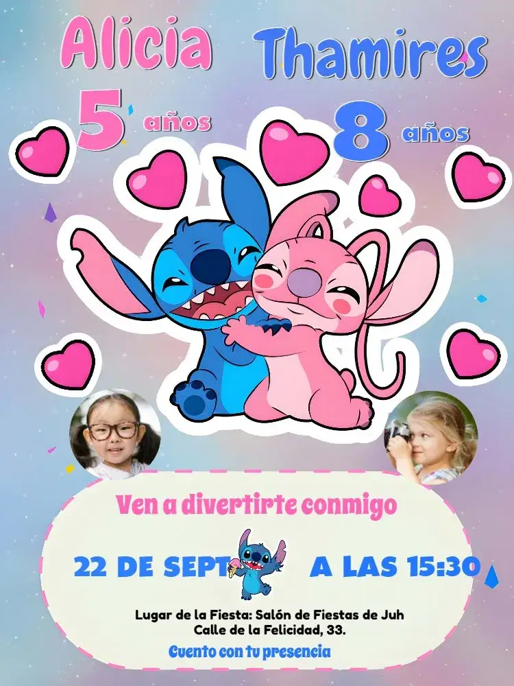 Invitación Doble Stitch y Angel con Foto Infantil