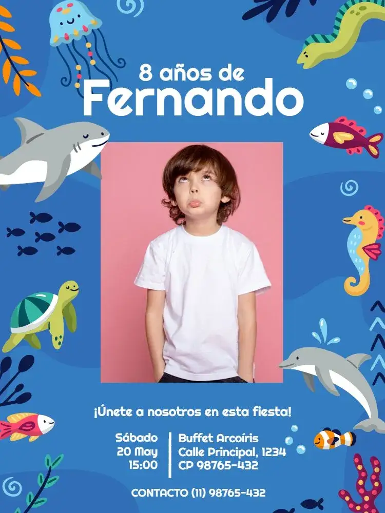 Invitación Infantil Masculino Fondo Del Mar Foto – tema Cumpleaños Infantil fondo marino, lúdico, colorido, marino, animales acuáticos, divertido