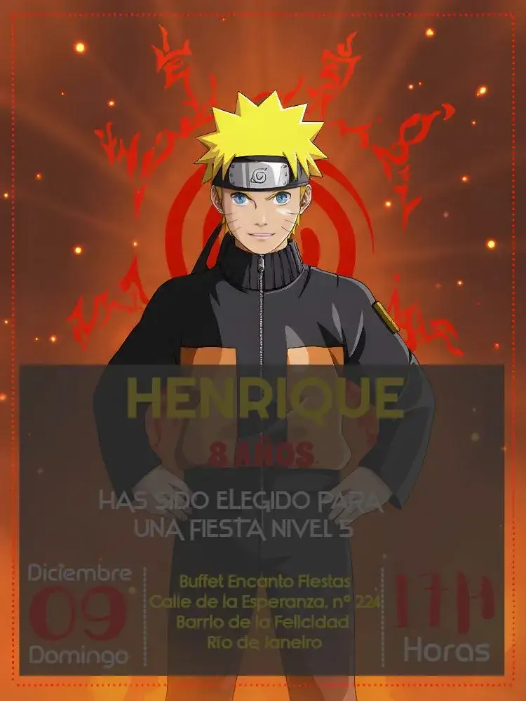 Invitación Naruto Llamas – tema Cumpleaños Infantil anime, colorido, temático, vibrante, moderno