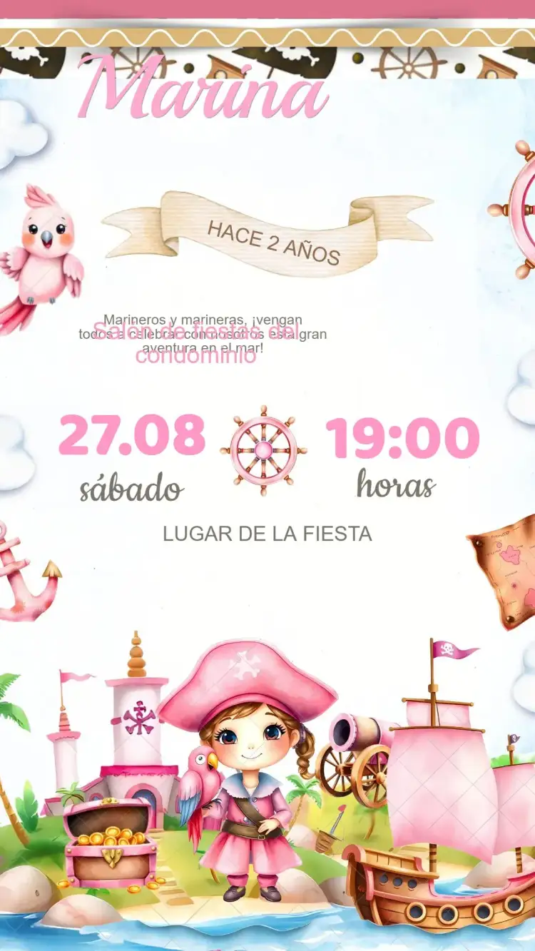 Invitación Invitación Cumpleaños Pirata Marinera – tema Cumpleaños Infantil colores vibrantes, estilo náutico, elementos piratas, ilustraciones divertidas, diseño lúdico