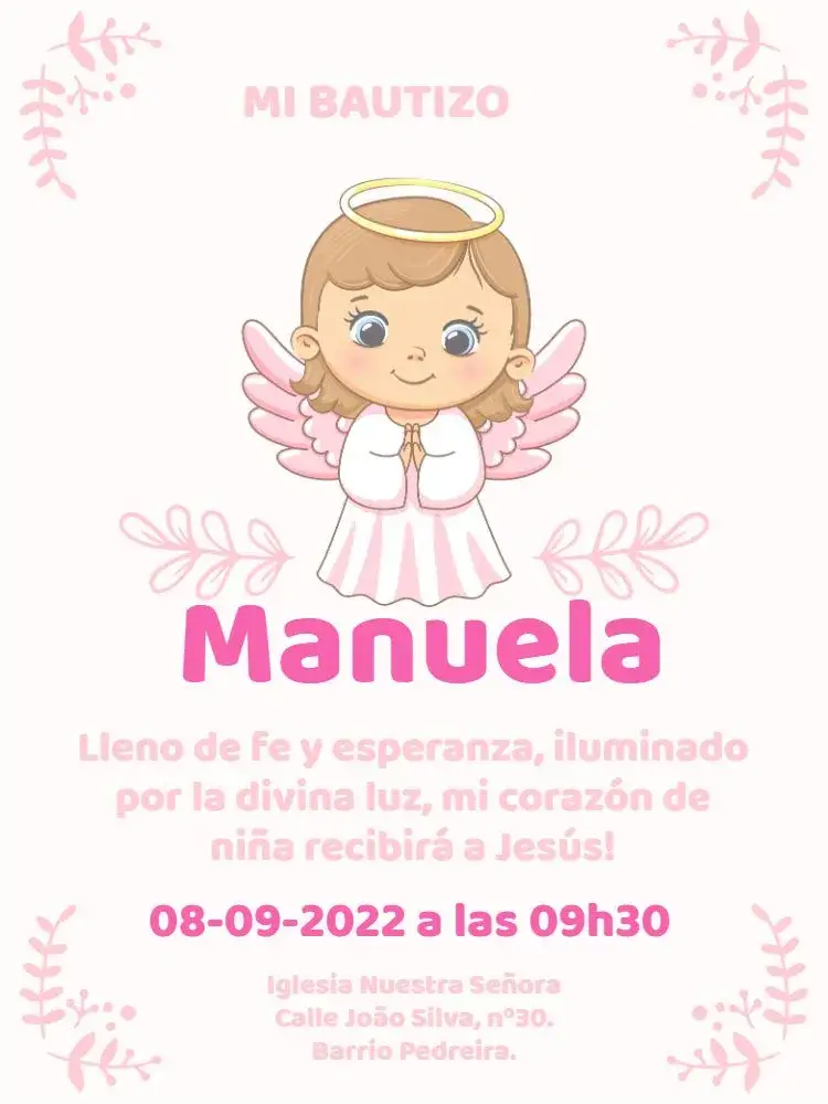 Invitación Bautizo Angelito Religión – tema Bautismo floral, delicado, rosa, blanco, infantil, religioso