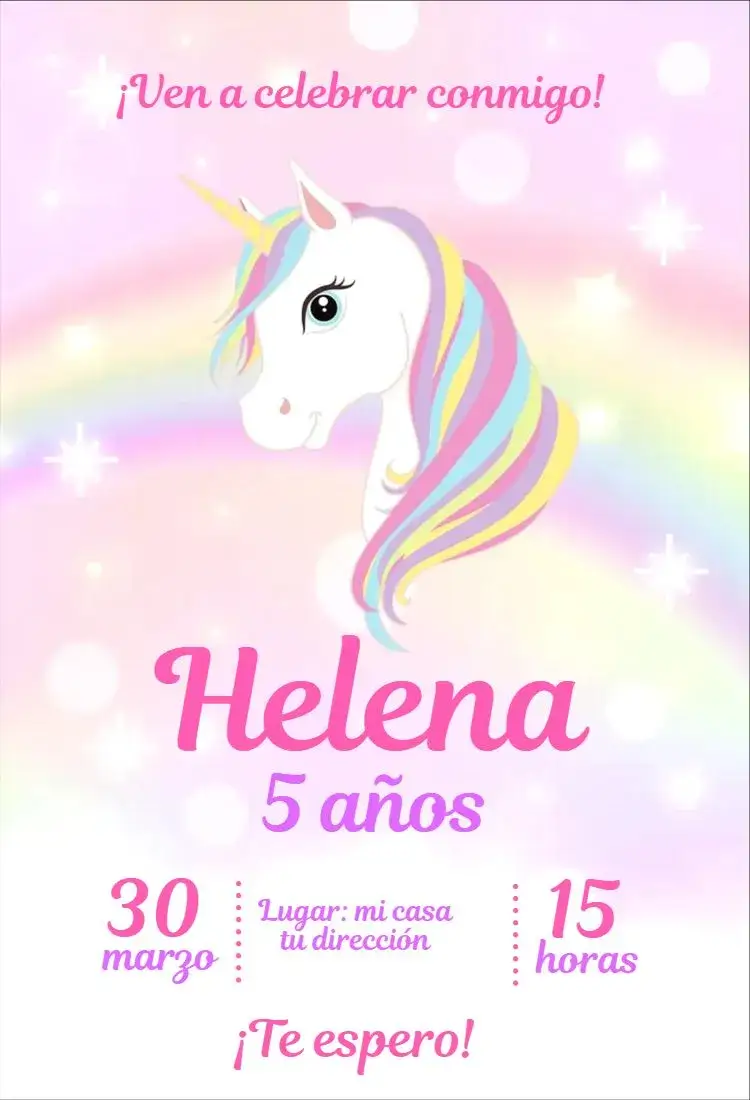 Invitación Unicornio arcoíris – tema Cumpleaños Infantil acuarela, rosa, lila, mágico, colorido, fantasía