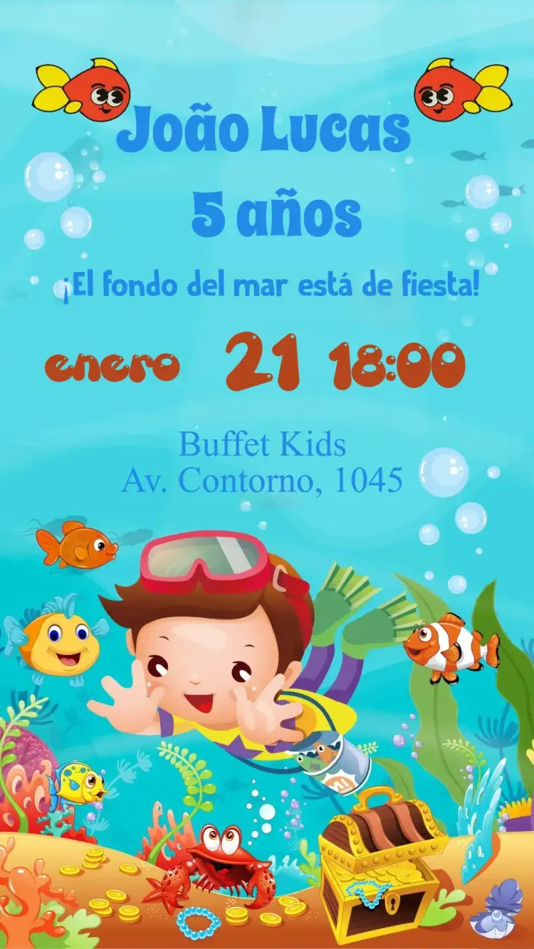 Invitación Fondo del Mar – tema Cumpleaños Infantil azul marino, colorido, lúdico, divertido, tropical, temático