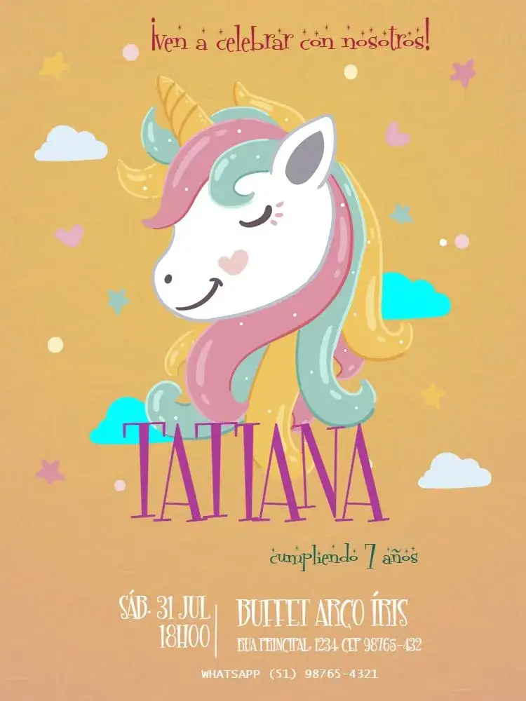 Invitación Fiesta Unicornio Naranja – tema Cumpleaños Infantil lúdico, colorido, fantasía, infantil, moderno