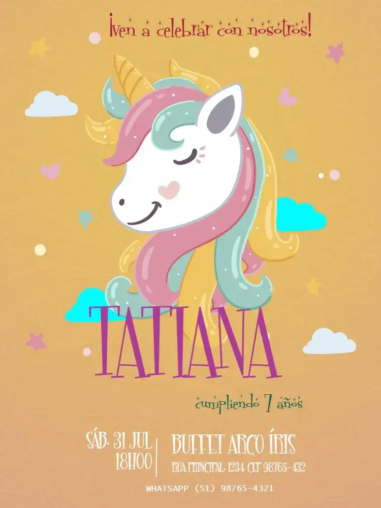 Invitación Fiesta Unicornio Naranja