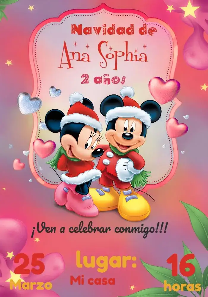 Invitación Navidad De Mickey Y Minnie Mouse Cumpleaños – tema Fechas Conmemorativas rojo, rosa, Disney, infantil, divertido, temático